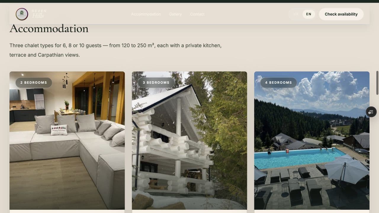 Seven Hills Chalet homepage accommodation section showing the three chalet types
