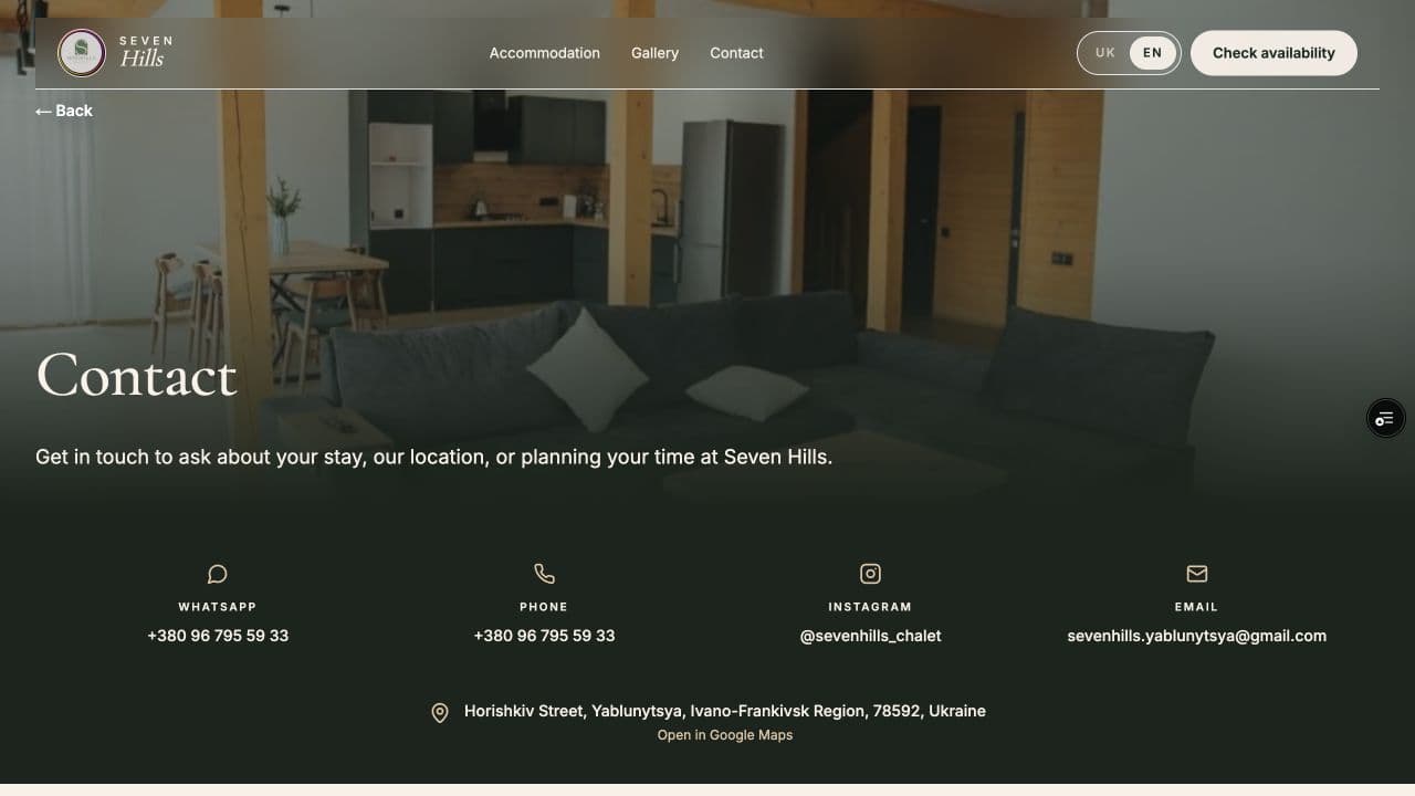 Seven Hills Chalet contact page