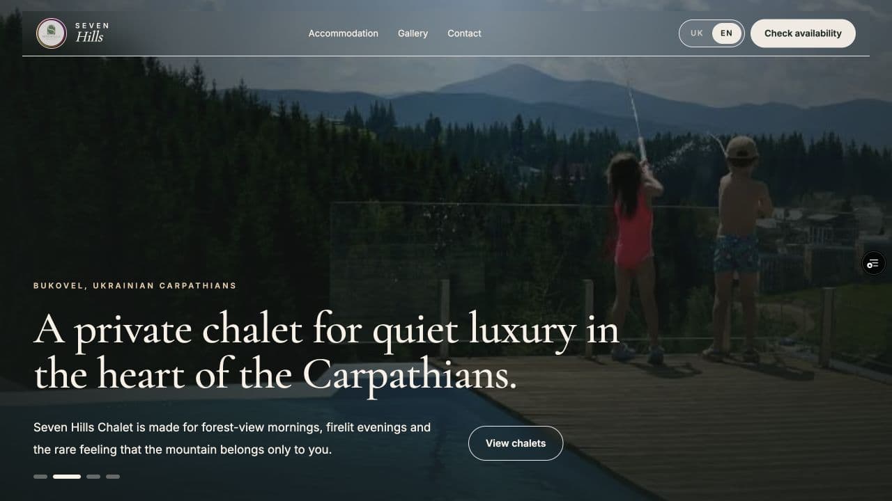 Seven Hills Chalet website shown on a desktop screen